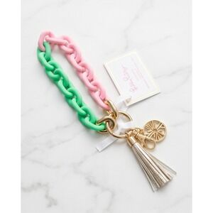 Lilly Pulitzer Keychain Spearmint Green Conch Shell Pink Resin Link Tassel New